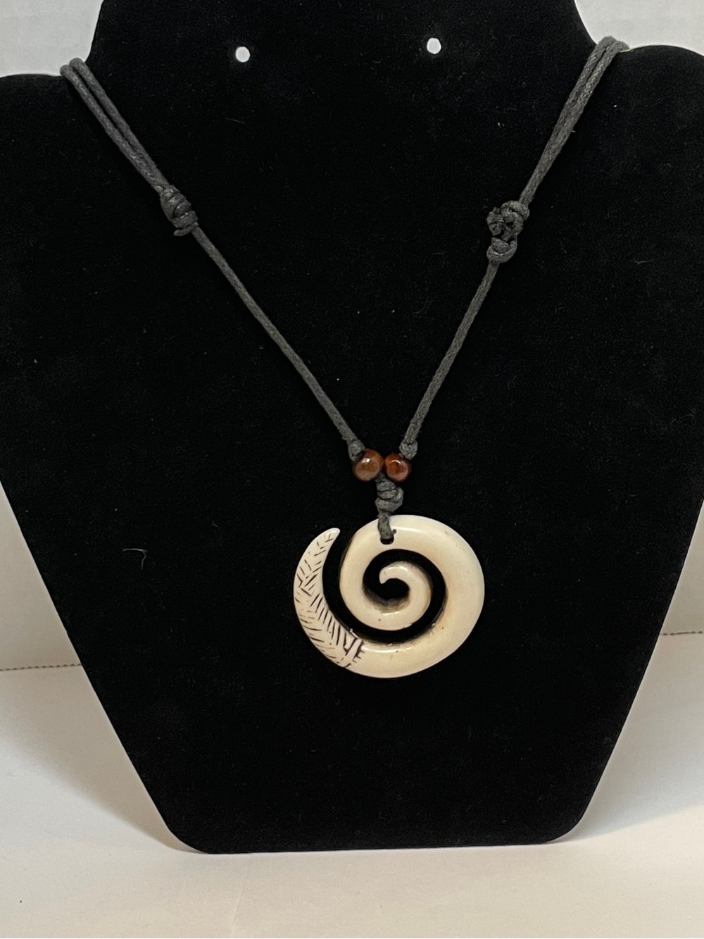 Black Cord Necklace White Spiral Charm Pendant Wood Beads Adjustable Boho